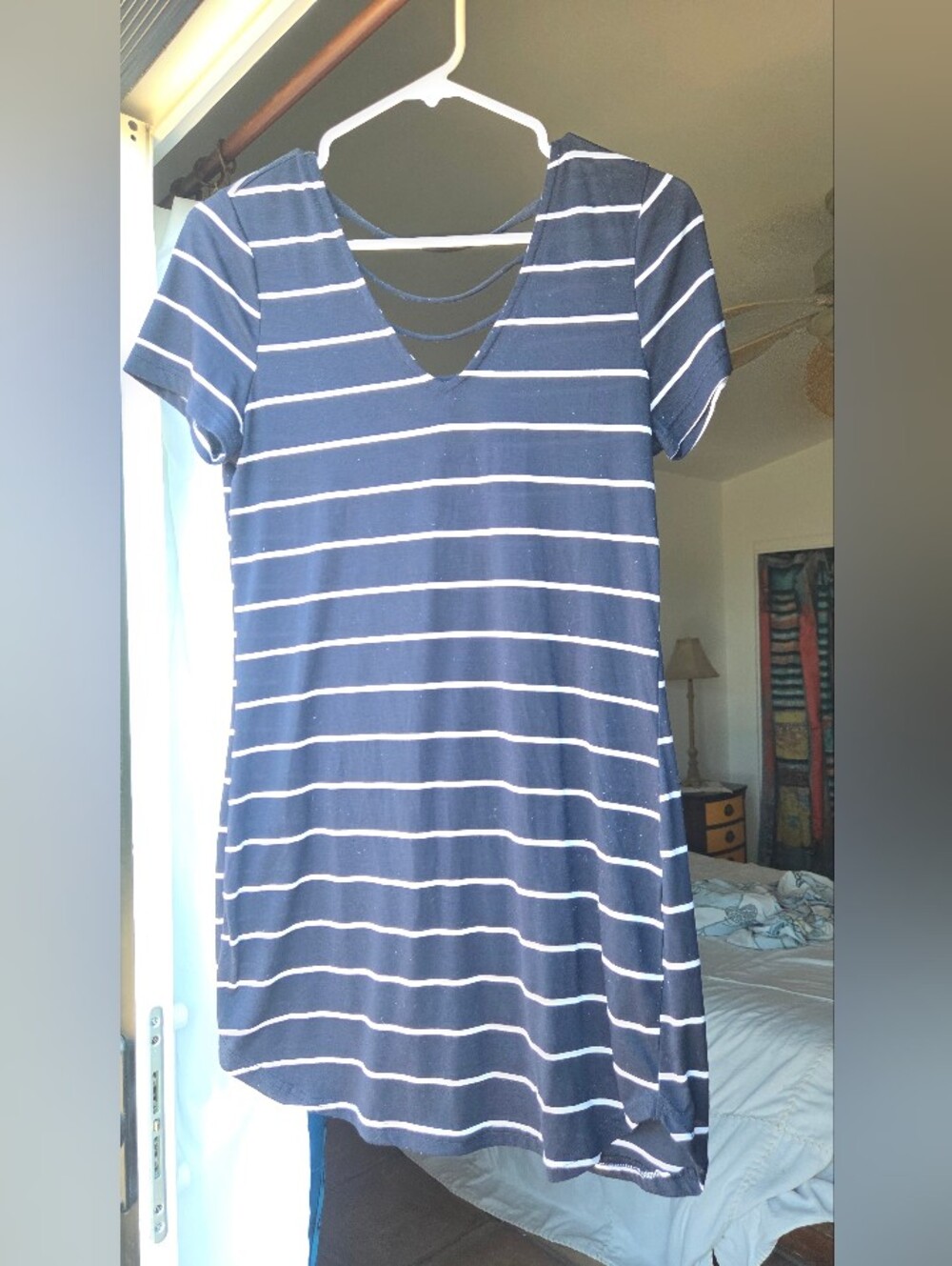 Navy Tshirt Dress With V Neck And White Stripes